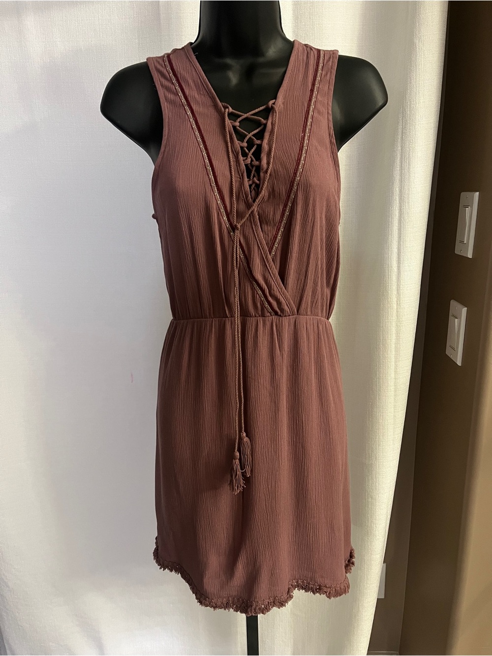 Others Follow 3/4 Lace-Up Sleeveless Mini Dress in Mauve/Fully Lined